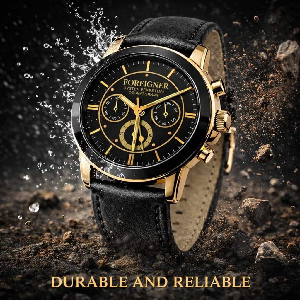 FOREIGNER Premium Luxury Analog Watch – Gold & Black Chronograph Design | Durable, Stylish & Long-Lasting