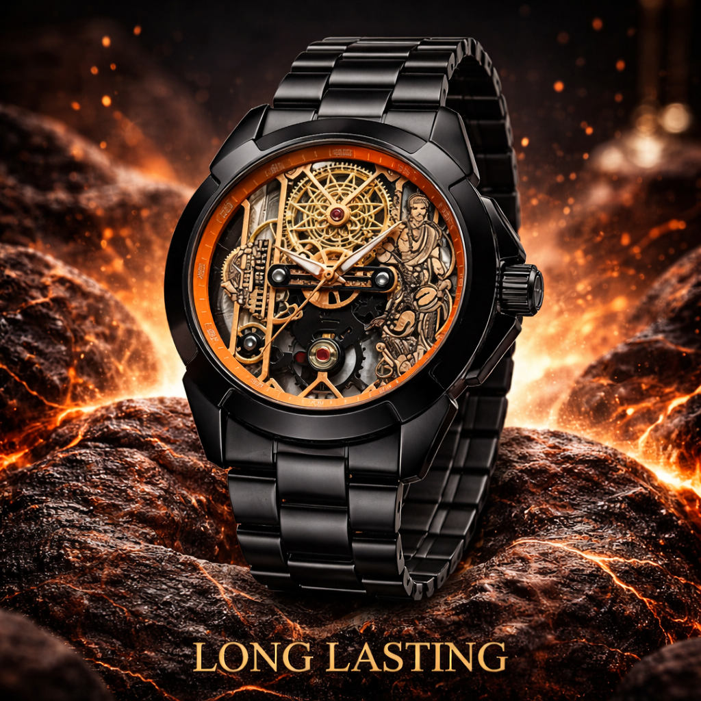 Premium Skeleton Mechanical Watch – Black Steel Edition