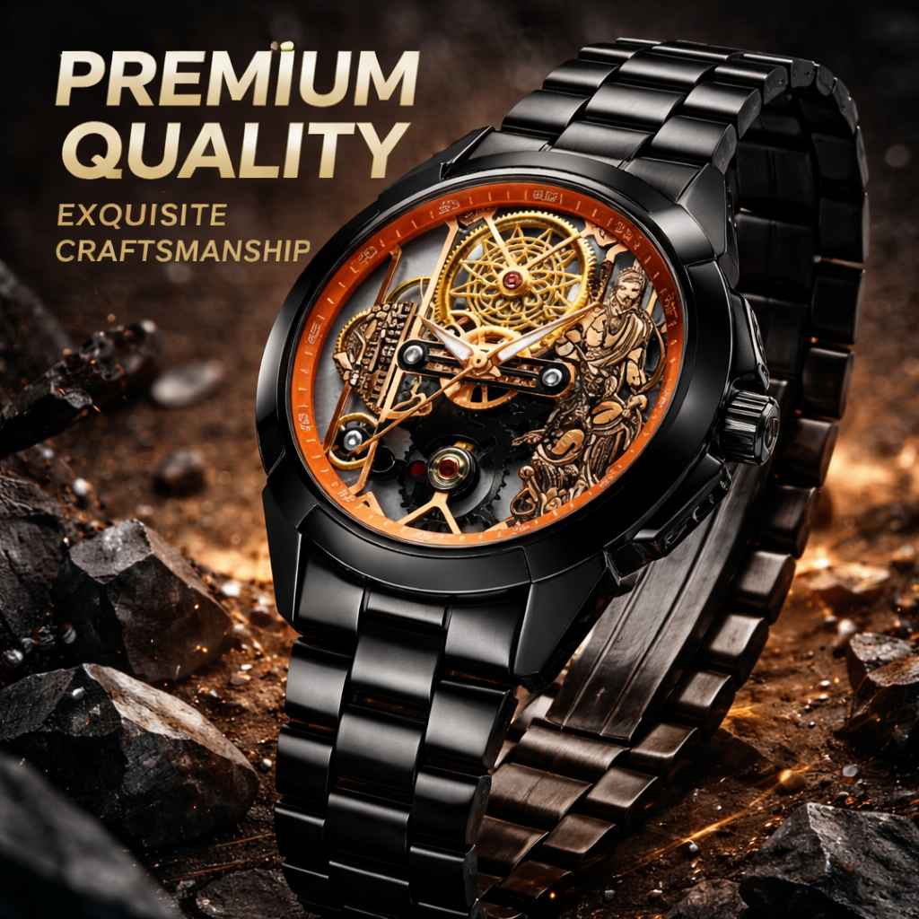 Premium Skeleton Mechanical Watch – Black Steel Edition