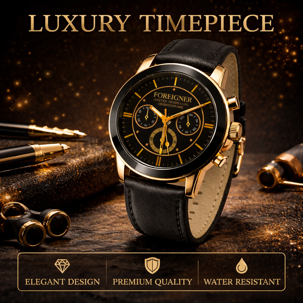 FOREIGNER Premium Luxury Analog Watch – Gold & Black Chronograph Design | Durable, Stylish & Long-Lasting