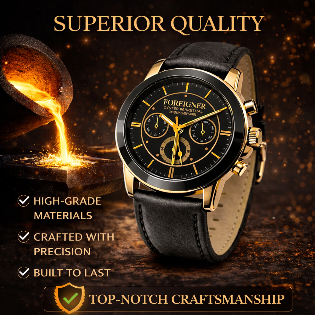 FOREIGNER Premium Luxury Analog Watch – Gold & Black Chronograph Design | Durable, Stylish & Long-Lasting