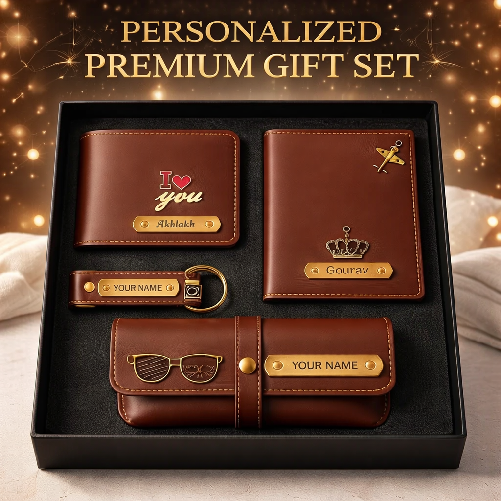 Personalized Leather Wallet Combo Set for Men – Custom Name Engraved Gift Set