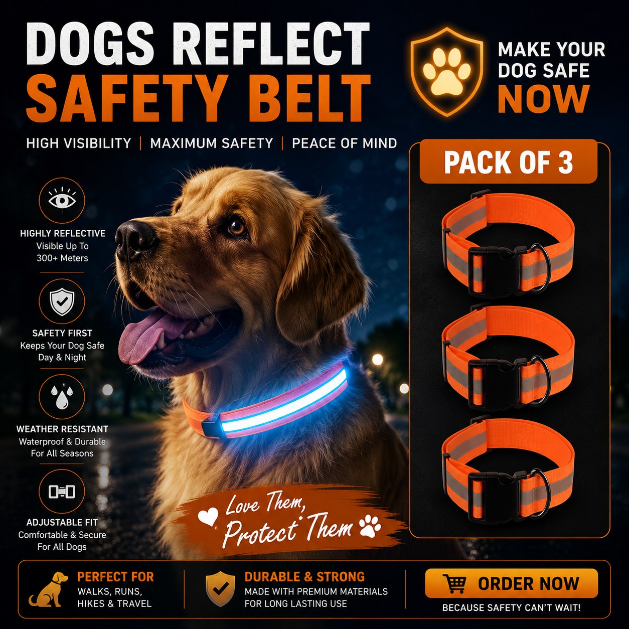 LED Reflective Dog Safety Collar – Pack of 3