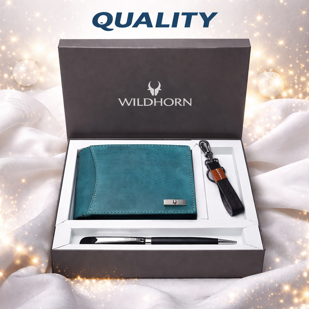 WildHorn Premium Men’s Gift Set – Leather Wallet, Pen & Keychain Combo