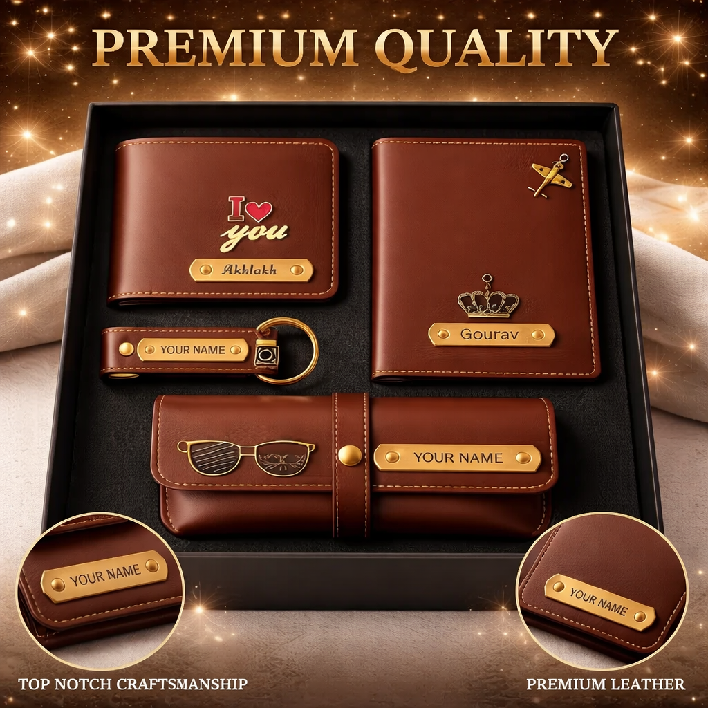Personalized Leather Wallet Combo Set for Men – Custom Name Engraved Gift Set