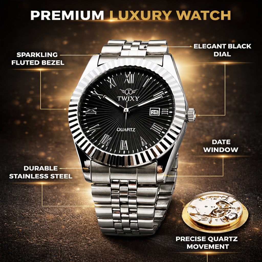 TWIXY Premium Stainless Steel Quartz Watch – Classic Black Dial