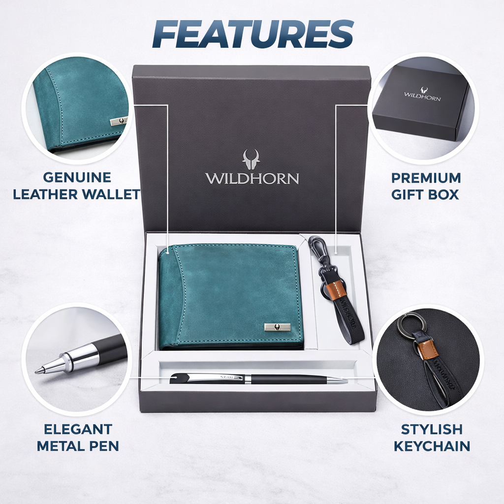 WildHorn Premium Men’s Gift Set – Leather Wallet, Pen & Keychain Combo