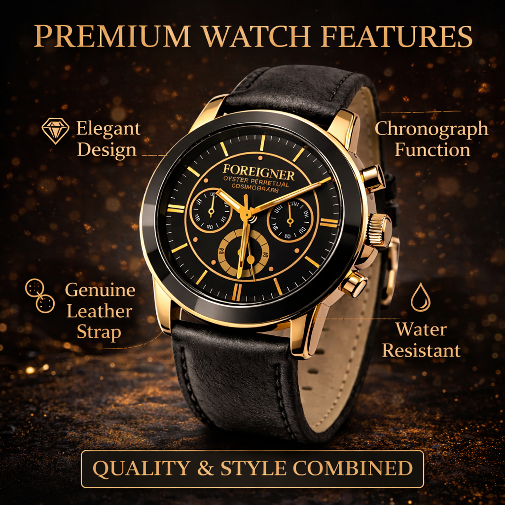 FOREIGNER Premium Luxury Analog Watch – Gold & Black Chronograph Design | Durable, Stylish & Long-Lasting