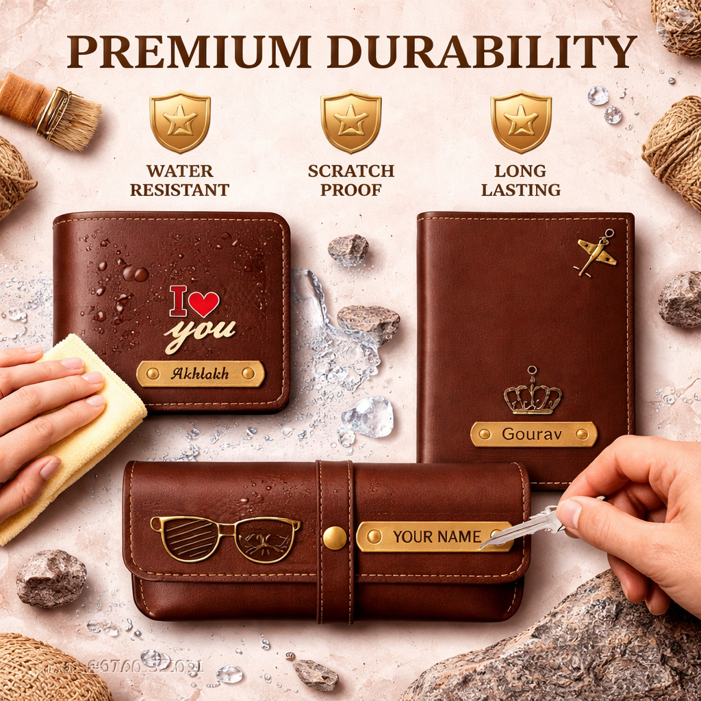 Personalized Leather Wallet Combo Set for Men – Custom Name Engraved Gift Set