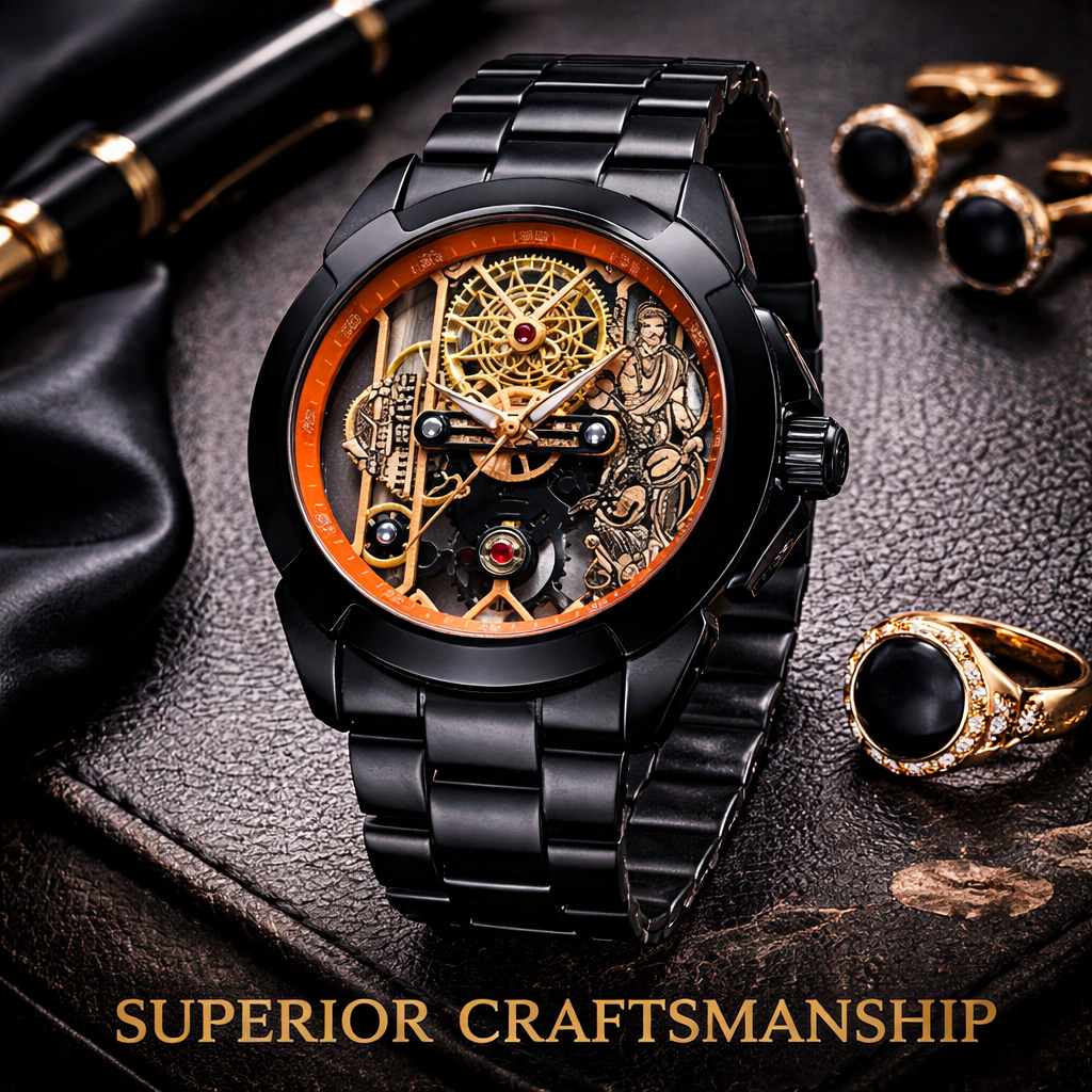 Premium Skeleton Mechanical Watch – Black Steel Edition