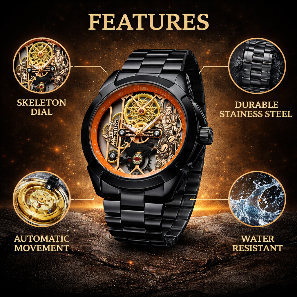 Premium Skeleton Mechanical Watch – Black Steel Edition
