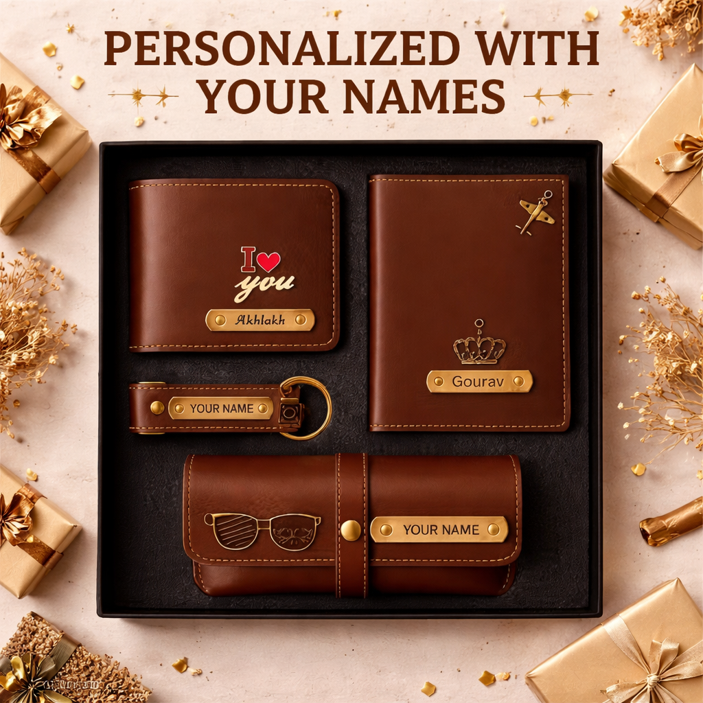 Personalized Leather Wallet Combo Set for Men – Custom Name Engraved Gift Set