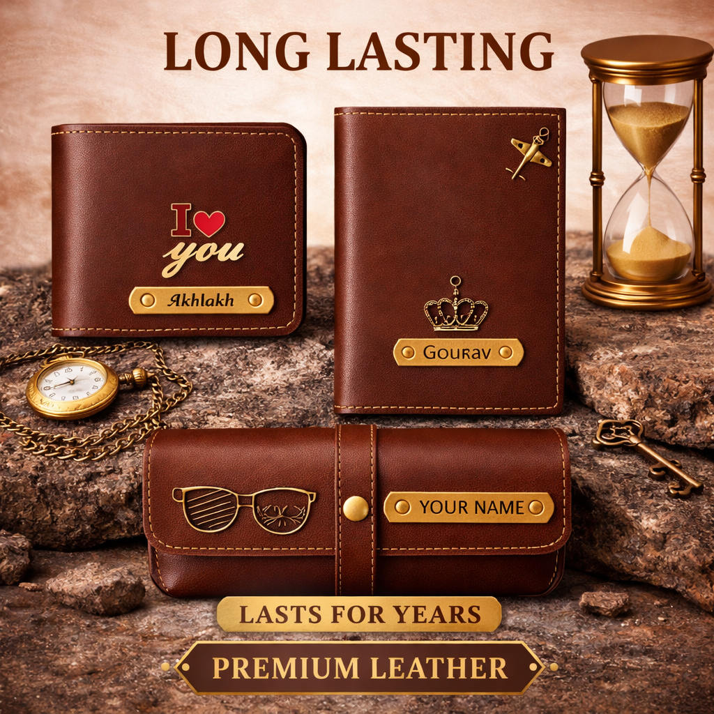 Personalized Leather Wallet Combo Set for Men – Custom Name Engraved Gift Set